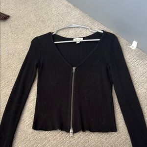 Black Fitted Ribbed Blouse with Silver Zipper